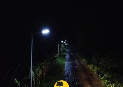 A row of solar-powered streetlights installed by Mount Solar Power Lucena brightens a rural road in Quezon at night. Mount Solar Power Quezon ensures safe, energy-efficient lighting for remote communities in Lucena and Quezon.